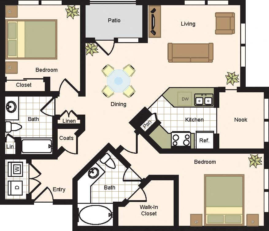 Floor plan for 2 beds, 2 baths, 1271 sqft